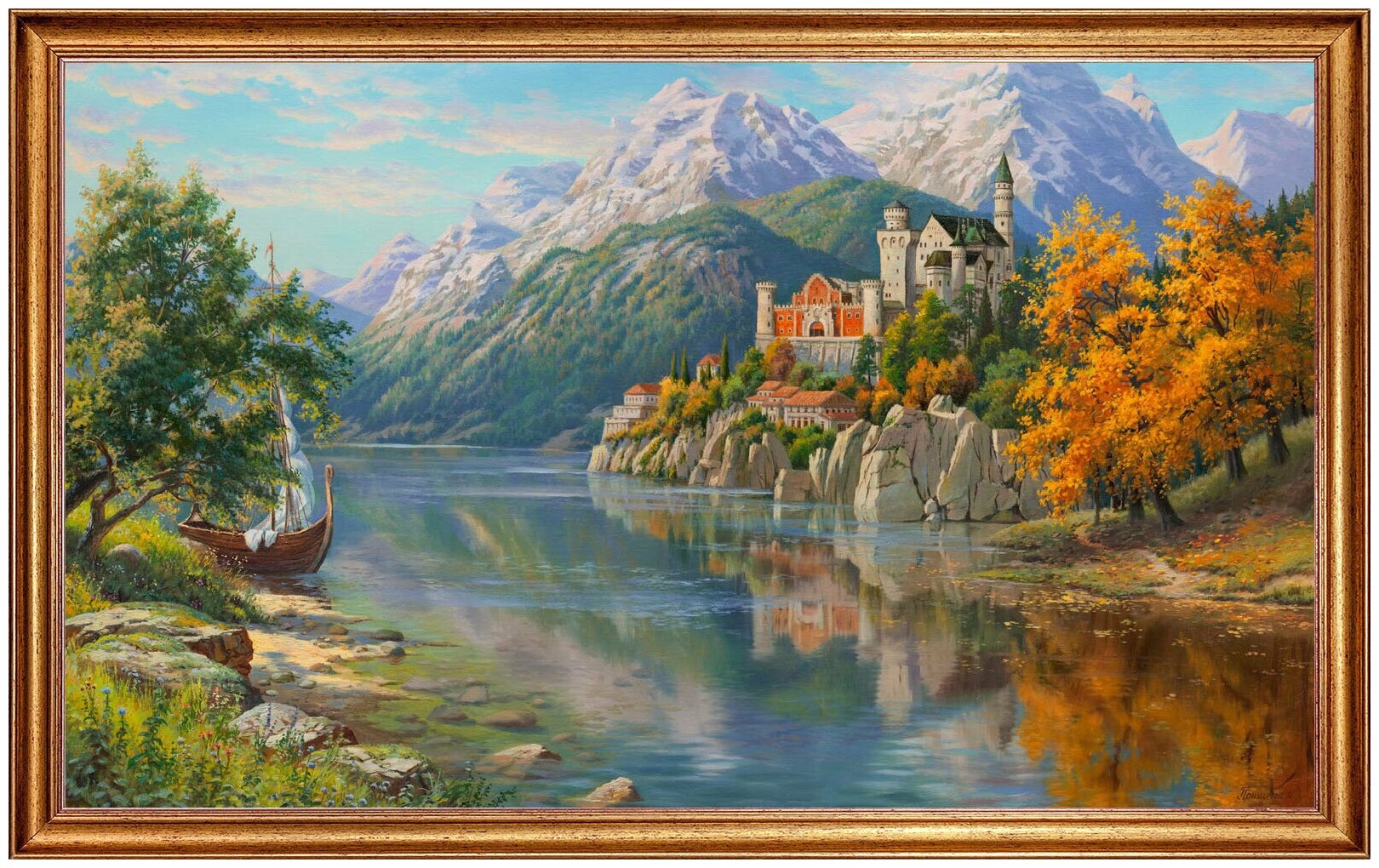 Картина на холсте, "Замок у реки", 100х60 см. Холст на деревянном подрамнике, оформлена в багет, Арт. ПИ-х34