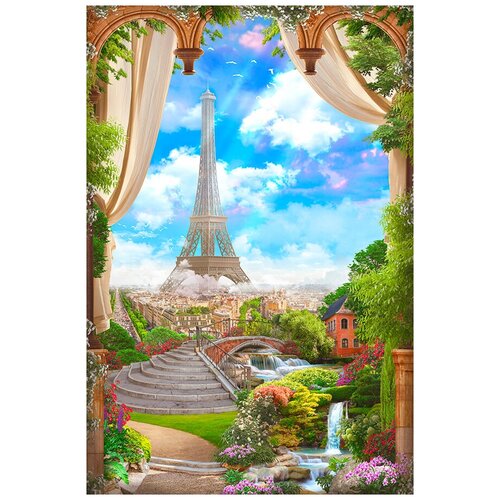 Фотообои Уютная стена Парижская фреска с видом на Эйфелеву башню 180х270 см Виниловые Бесшовные (единым полотном)