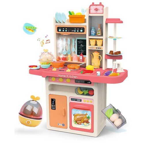 Детская кухня с набором посуды из 65 предметов, высотой 93,5 см, С крана течет вода, ПАР, звук, свет, розовая