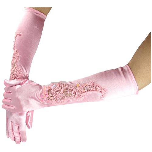 Перчатки атласные с бусами и пайетками 40см розовый