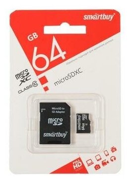 Карта памяти Smartbuy microSD, 64 Гб, SDXC, класс 10, с адаптером SD Smartbuy 6711958 .