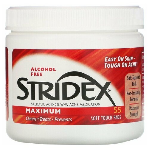 Stridex, Одношаговое средство от угрей, максимальная сила, без спирта, 55 мягких салфеток