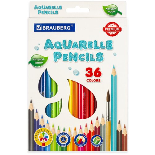 фото Карандаши цветные акварельные brauberg premium aquarelle, 36 цветов, грифель мягкий 4 мм, 181674