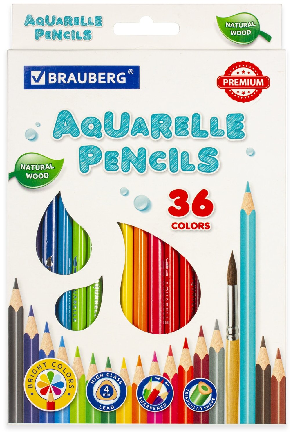 Карандаши цветные акварельные BRAUBERG PREMIUM AQUARELLE, 36 цветов, грифель мягкий 4 мм, 181674