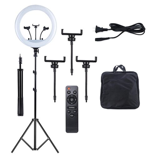Кольцевая лампа с регулируемым штативом 2м и пультом ДУ диаметр 36 см 3 режима три держателя для смартфона 319000₽