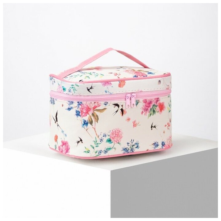 NNB Косметичка-сумочка, отдел на молнии, с зеркалом, цвет белый с розовыми вставками и принтом - фотография № 1