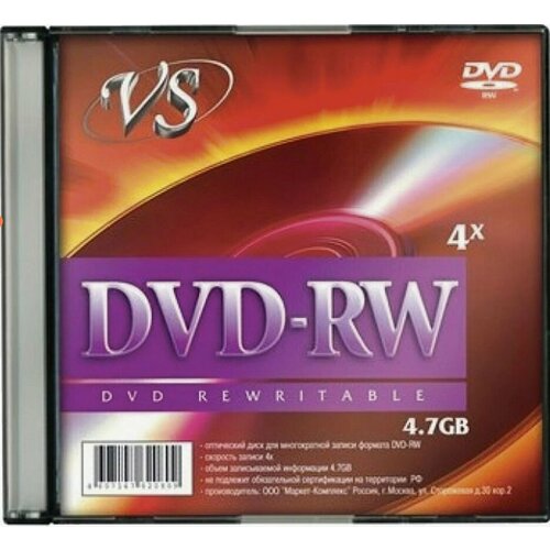 vs диск dvd rw 4 7 gb 4x конверт 5 620588 Диск DVD-RW VS 4.7 Gb 4X Sim Case, 1шт