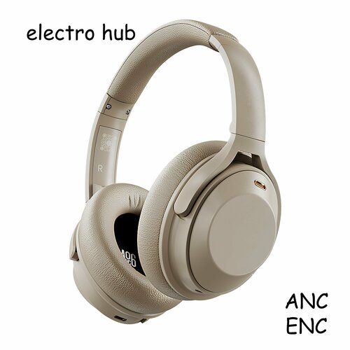 Наушники беспроводные большие, полноразмерные, накладные, Fingertime, с шумоподавлением, ANC, с микрофоном, игровые, Bluetooth 5.3, AUX кабель, белый, LED