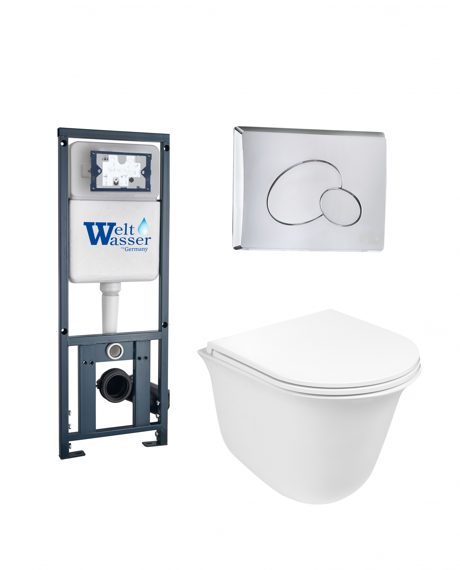 Комплект 3 в 1 инсталляция WeltWasser WW Marberg 410 + Подвесной унитаз Weltwasser Telbach 004 GL-WT + кнопка хром RD 10000006950_