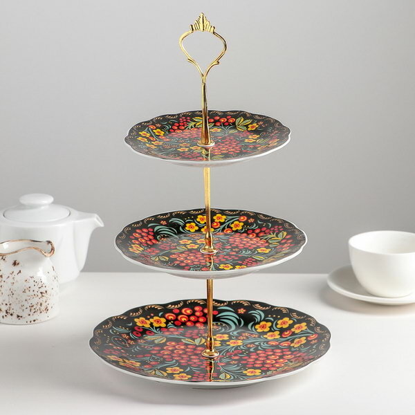 фото Блюдо 3-х ярусное "Хохлома", 15/18/23 см