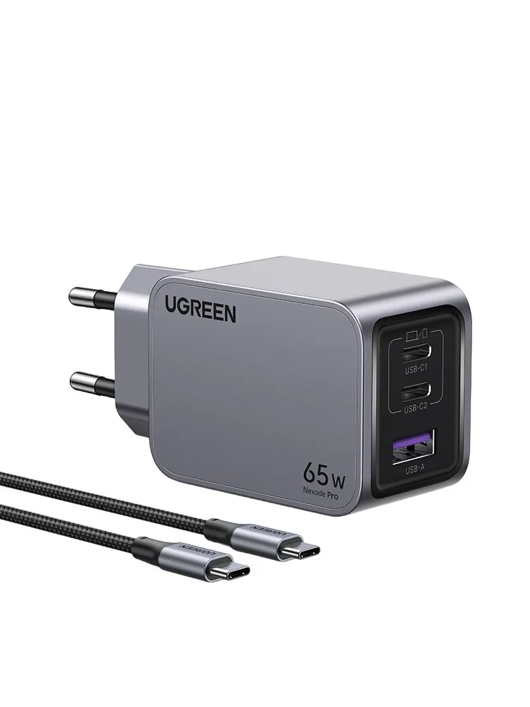 Сетевое зарядное устройство Ugreen X755 USB A + 2 USB C Nexode Pro 65W GaN Tech Fast Charger с кабелем Type-C 1.5м (25871), серый