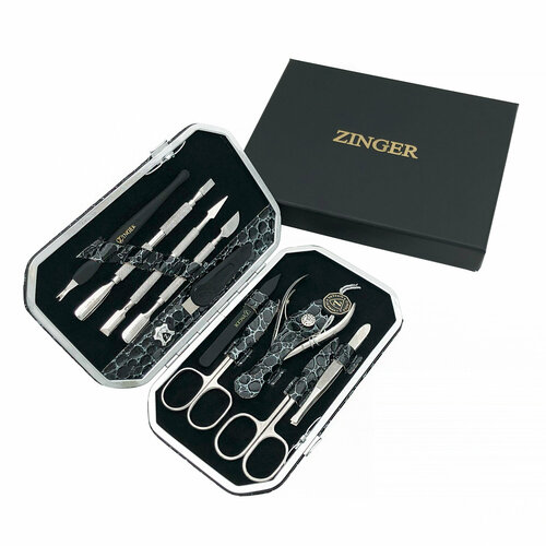 Маникюрный набор Zinger MSFE-801 S, 10 предметов, серебристый/черный мрамор