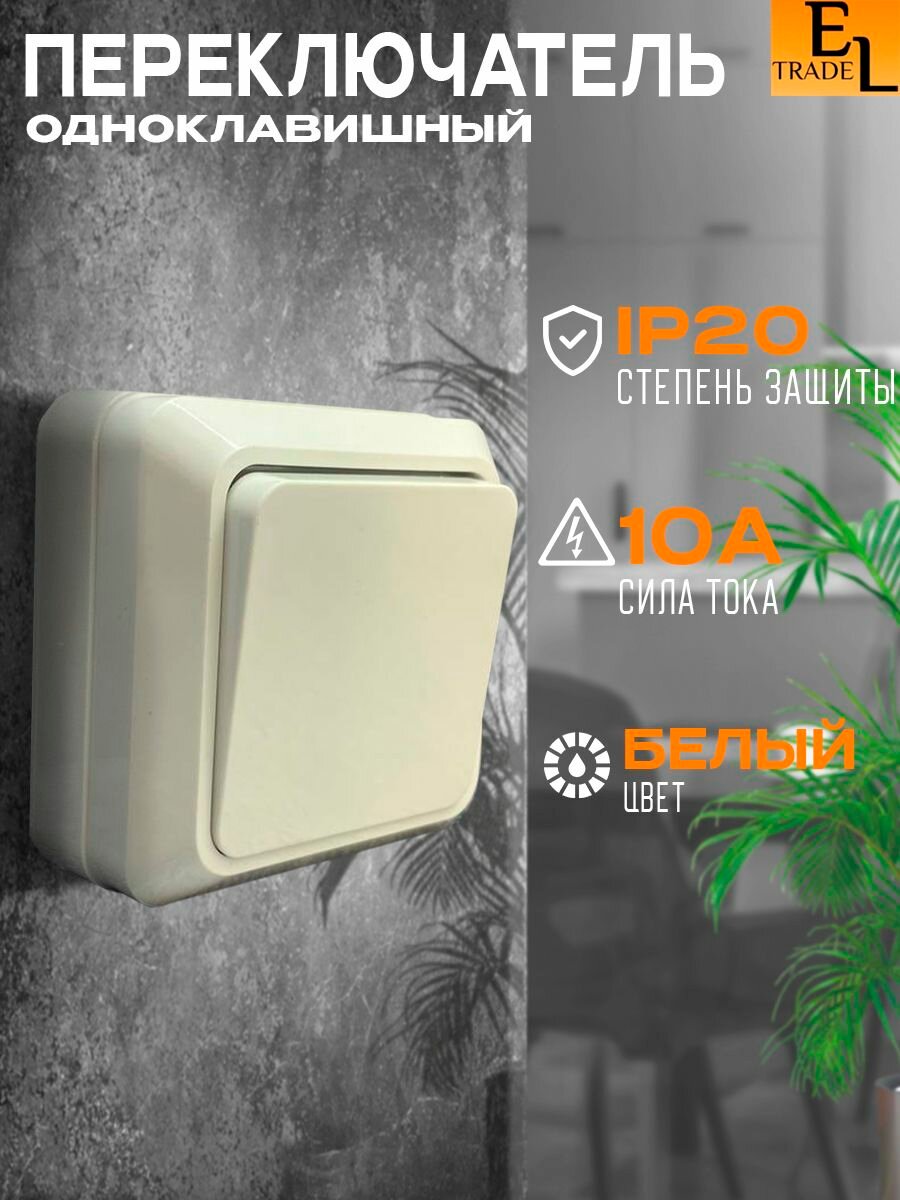 Выключатель одноклавишный открытой установки, IP20, 10А, белый, Ладога