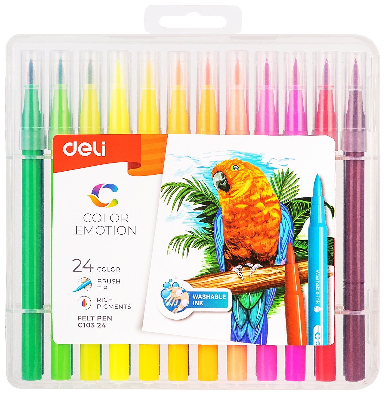 Фломастеры Deli EC10324 Color Emotion кисть смываемые 24цв. пластиковый пенал (24шт.)