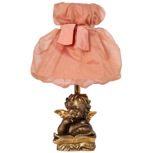 Настольная лампа BOGACHO Ангел поэт бронзовый с персиковым абажуром Мадлен