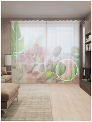 Тюль вуаль на шторной ленте с принтом "Лепестки орхидей" для гостиной, зала, кухни, спальни, детской, 310х265 см; Зеленый, розовый, бежевый