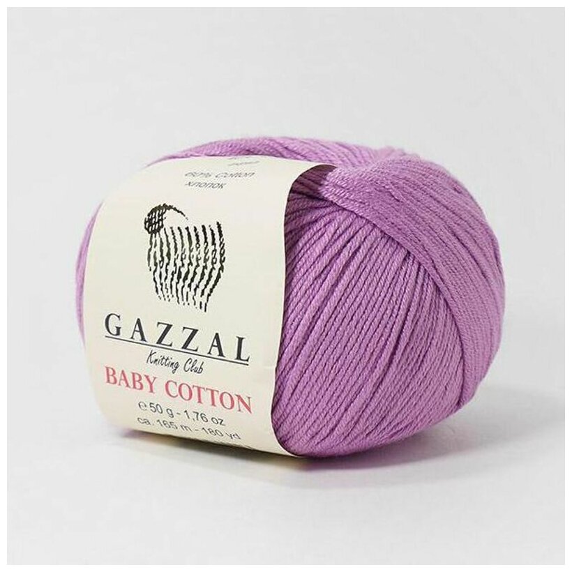 Пряжа Gazzal Baby Cotton (Газзал Беби Коттон) - 1 моток Сиреневый (3414) 60% хлопок, 40% акрил 165м/50г