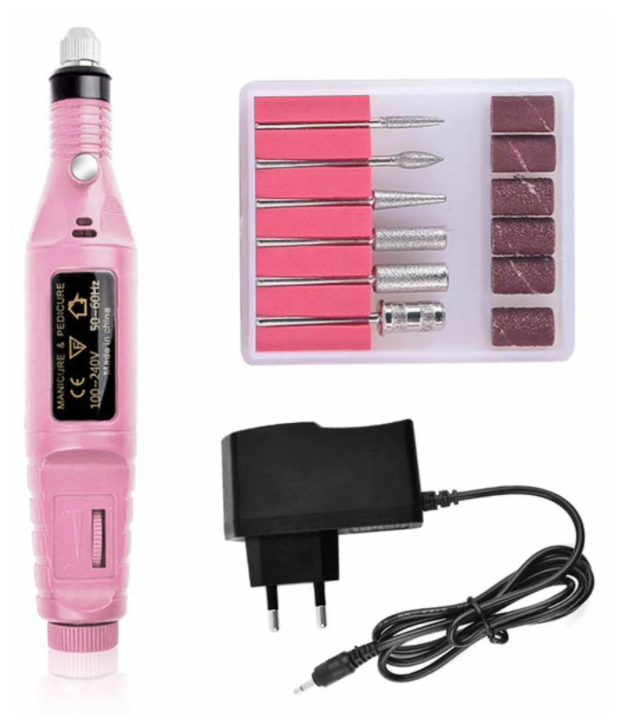 Аппарат-ручка для маникюра и педикюра, фрезер для маникюра, 6 насадок, светло-розовая