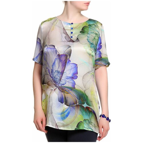 Блуза  Rosanna Pellegrini, короткий рукав, флористический принт, размер 46, бежевый, синий