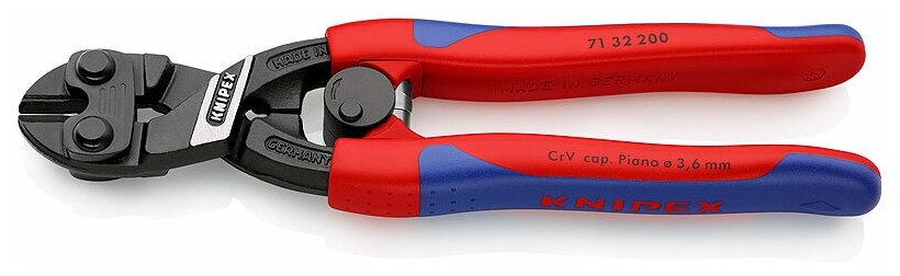 KNIPEX CoBolt® болторез компактный с пружиной с выемкой на кромках для реза толстой проволоки 200 мм рез: мягкая проволока d 6 мм проволока средней твёрдости d 5.2 мм твёрдая проволока d 4 мм рояльная струна (HRC 59) d 3.6 мм чёрный 2К ручки