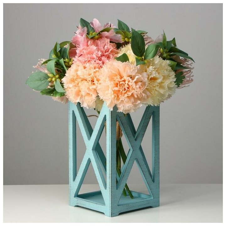 фото Кашпо деревянное 14×14×26 см "Фонарь Хай-тек Прованс", серо-голубой