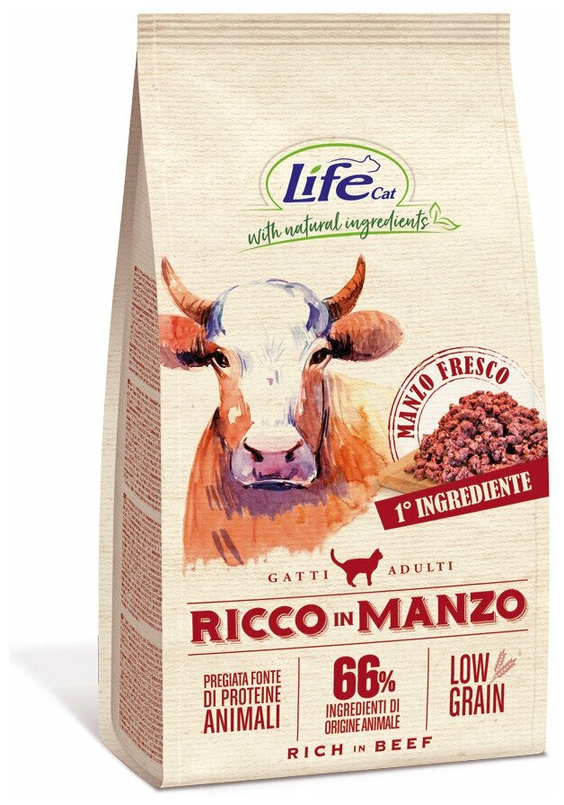 Корм Lifecat Adult Rich in beef low grain 1,5кг с высоким содержанием свежей говядины низкозерновой для кошек