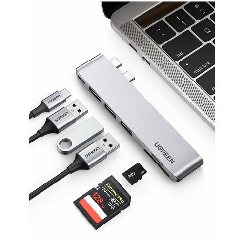 Хаб UGREEN CM251 (60560) 2xType C to 3 USB 3.0 + SD/Micro SD + USB-C Space Gray разветвитель usb ugreen для macbook 3 x usb 3 0 hdmi sd tf 80856