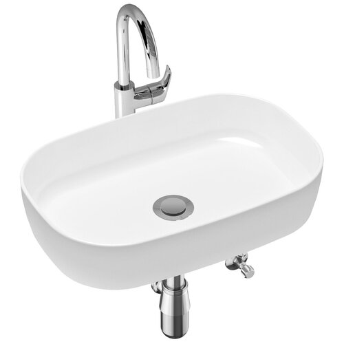 фото Комплект 4 в 1 lavinia boho bathroom sink slim 21510192, накладная фарфоровая раковина 54 см, смеситель с донным клапаном, латунный сифон, угловые вентили 2 шт.