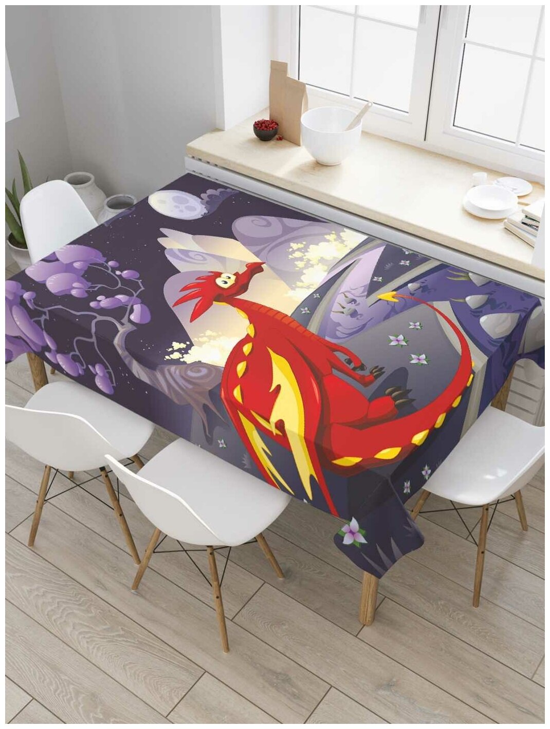 Скатерть прямоугольная JoyArty на кухонный стол "Драконий уют" из оксфорда, 120x145 см