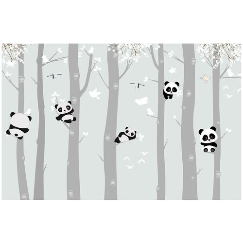 Фотообои Уютная стена Маленькие панды на деревьях 410х270 см Бесшовные Премиум (единым полотном)
