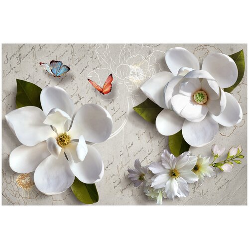 Фотообои Уютная стена Белые 3D цветы с бабочками 410х270 см Бесшовные Премиум (единым полотном)