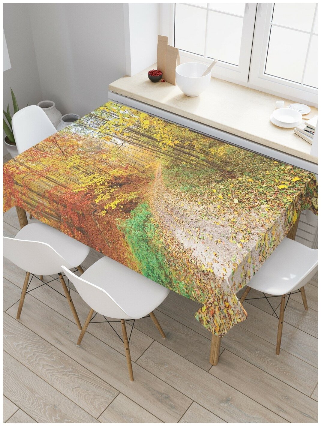 Скатерть прямоугольная JoyArty на кухонный стол "Осенняя дорога в лесу" из оксфорда, 120x145 см