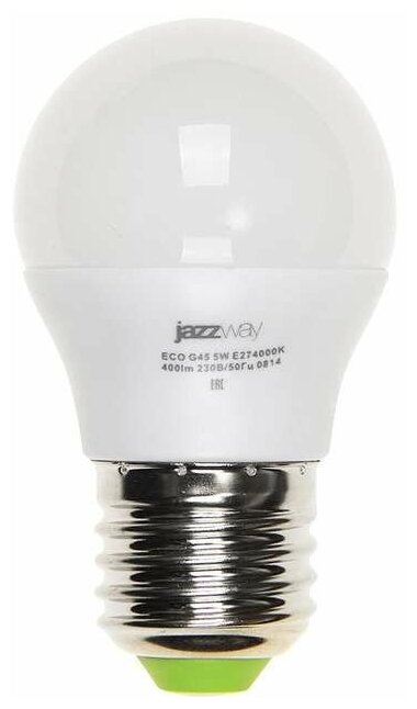 Лампа светодиодная PLED-ECO 5Вт G45 шар 3000К тепл. бел. E27 400лм 220-240В JazzWay 1036957A (1 шт)