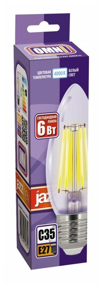 Лампа светодиодная свеча PLED OMNI C35 6W E27 4000K CL (6W=60Вт, 600Lm) 230/50 Jazzway