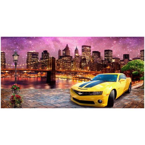 Фотообои Уютная стена Желтый автомобиль на фоне ночного города 540х270 см Виниловые Бесшовные (единым полотном)