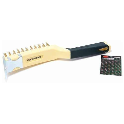 ROCK-FORCE RF-340123316 Щетка металлическая ручная пластик.корпус, резин.ручка, латунь, скребок 70мм 4x11 рядов ROCKFORCE