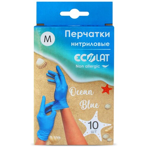 Перчатки нитриловые Ecolat Ocean Blue, размер M, 10 шт, перчатки нитриловые голубые, перчатки медицинские эколат голубые, EcoLat