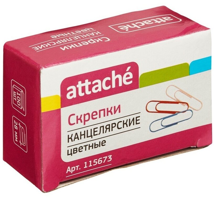 Скрепки 28 мм Attache С28-100П, цветные, 100шт/уп
