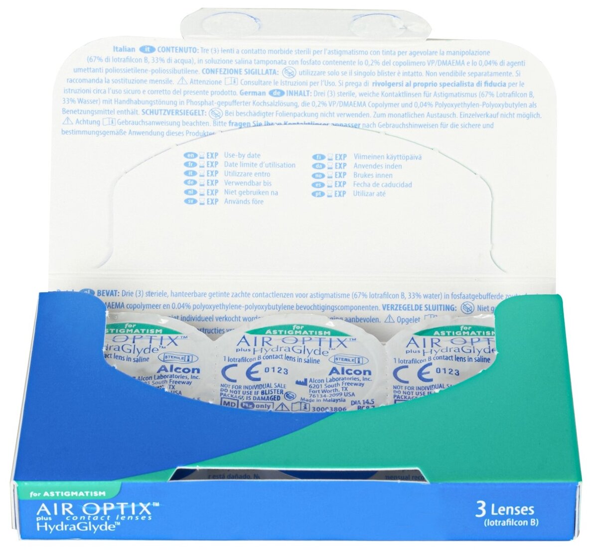 Контактные линзы Alcon Air optix Plus HydraGlyde for Astigmatism, 3 шт., R 8,7, D -3, CYL: -0,75, AХ: 70