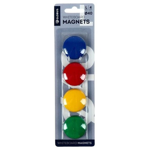 Магниты для досок 40 мм, 4 штуки, GLOBUS цветные, в блистере./В упаковке шт: 1