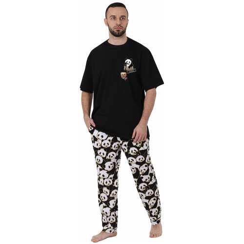 фото Мужская пижама панда черный размер 50 кулирка оптима трикотаж футболка с коротким рукавом брюки с краманами