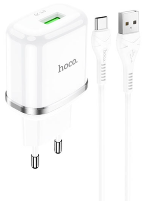 Адаптер питания Hoco N3 Special single port QC3.0 charger с кабелем Type-C (USB: 3.6-6.5V 3.0A/6.6-9V 2.0A/ 18W) Белый