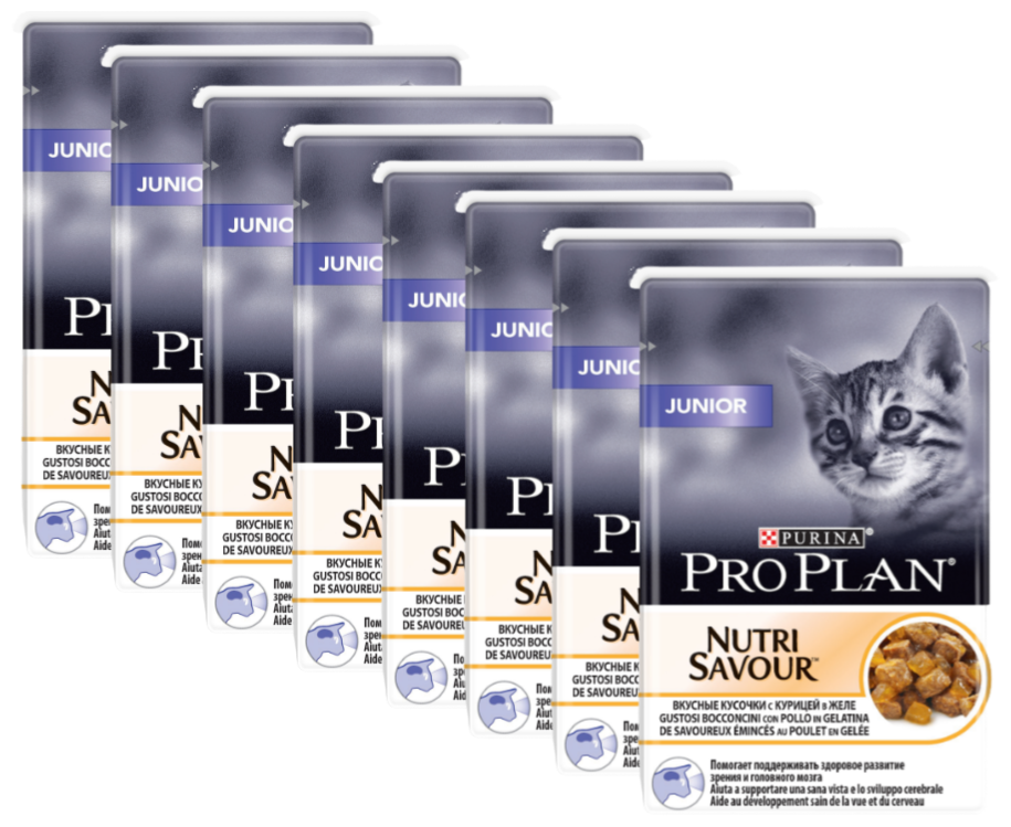 Влажный корм для котят Purina Pro Plan KITTEN Nutri Savour Junior Chicken, с курицей, 8 шт. х 85 г (кусочки в желе)