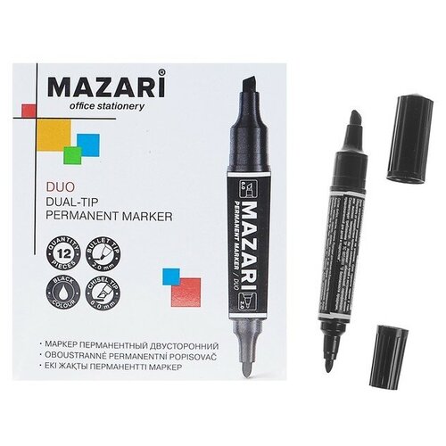 Маркер перманентный двусторонний Mazari Duo, наконечники: пулевидный (2.0 мм) и клиновидный (6.0 мм), чёрный