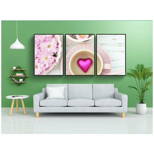 фото Набор модулных постеров для интерьера "сердце, розовый, чашка" 60x90 см. в тубусе, без рамки lotsprints
