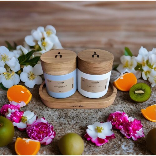 Набор из двух ароматических свечей с подставкой из дуба - DG Императрица и EX-N Одурманивающий цветок 180ml, UNDERSUN