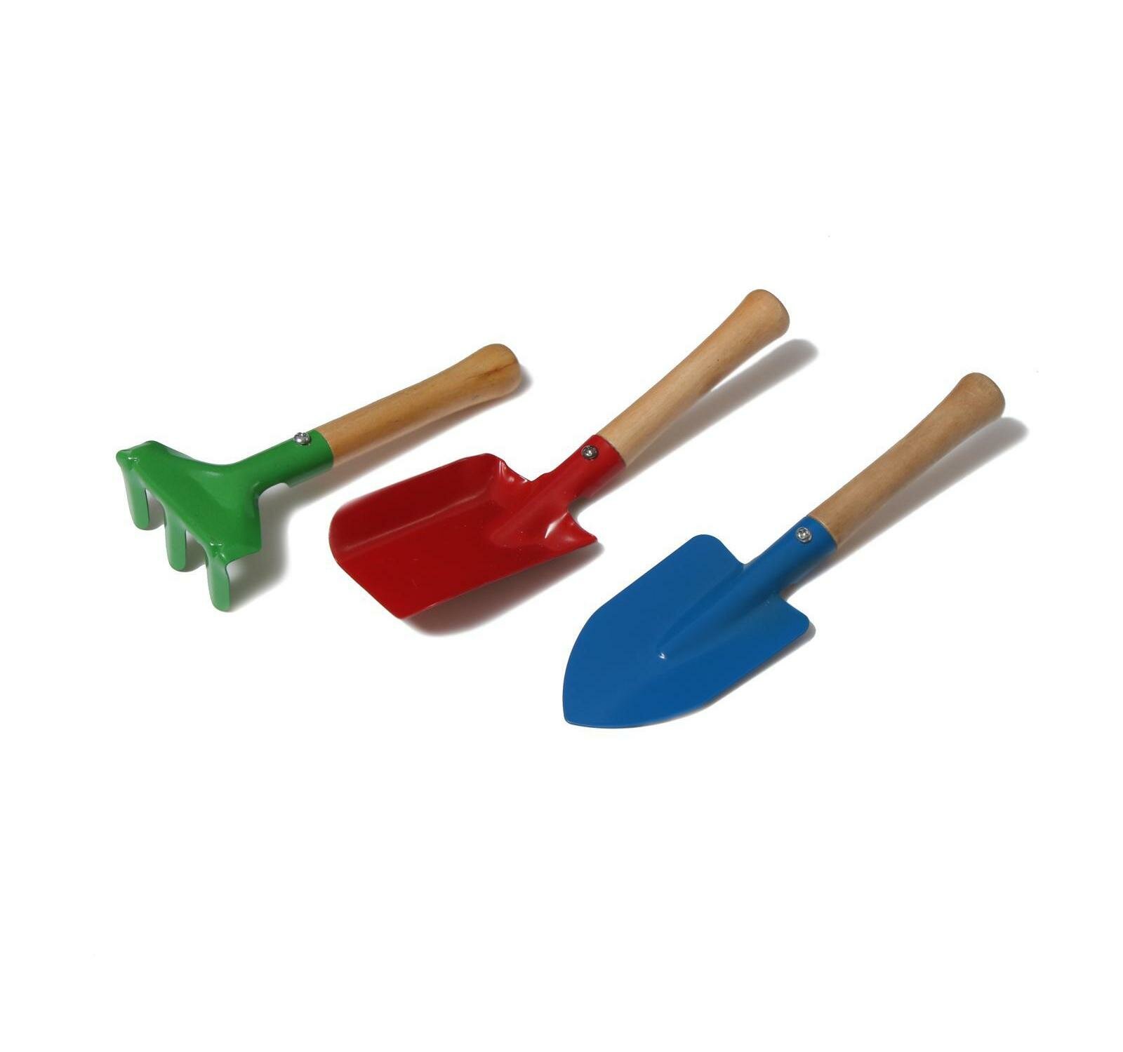 Набор садового инструмента, 3 предмета: грабли, совок, лопатка, длина 20 см, деревянная ручка