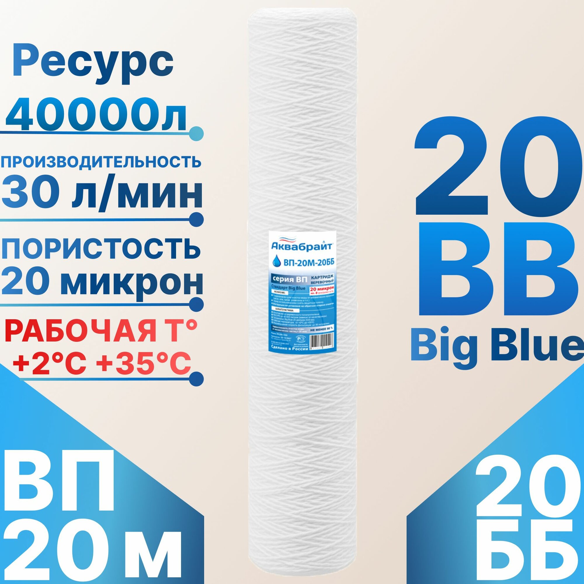 Картридж нитяной механической очистки 20ББ (20 мкм) аквабрайт / холодной воды / для магистрального фильтра