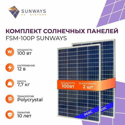 Комплект солнечных панелей Sunways FSM 100P, солнечная батарея для дома, для дачи, 12В (2 шт в комплекте)