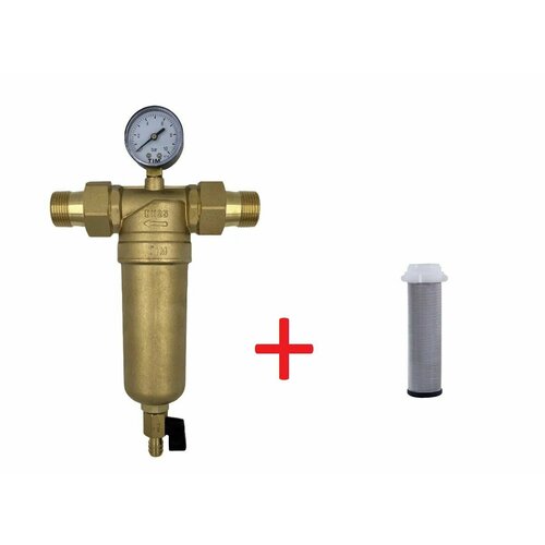 Фильтр для воды TIM 1 JH-3001 НН, самоочищающийся с манометром и американками в металлическом корпусе для горячего и холодного водоснабжения + сетка
